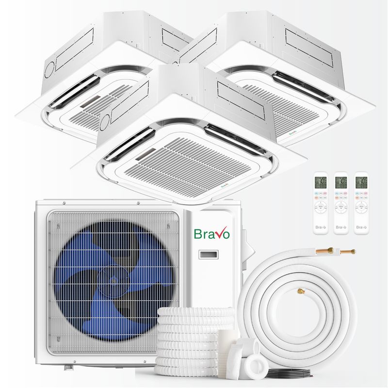 Bravo Milano Series 3-Zone Ductless Mini Split AC &amp; Heat Pump – 24,000 BTU (2 Ton), Ceiling Cassette Units (12K+12K+12K BTU), Inverter Technology, 230V, Heating &amp; Cooling