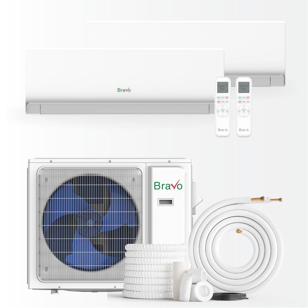 Bravo Milano Series 2-Zone Ductless Mini Split AC &amp; Heat Pump – 18000 BTU (1.5 Ton), Wall Mount Units 9K+12K BTU, Inverter Technology, 230V, Heating &amp; Cooling
