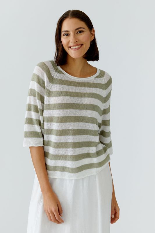 OUI Linen Striped Pullover Light Stone Blue 97418