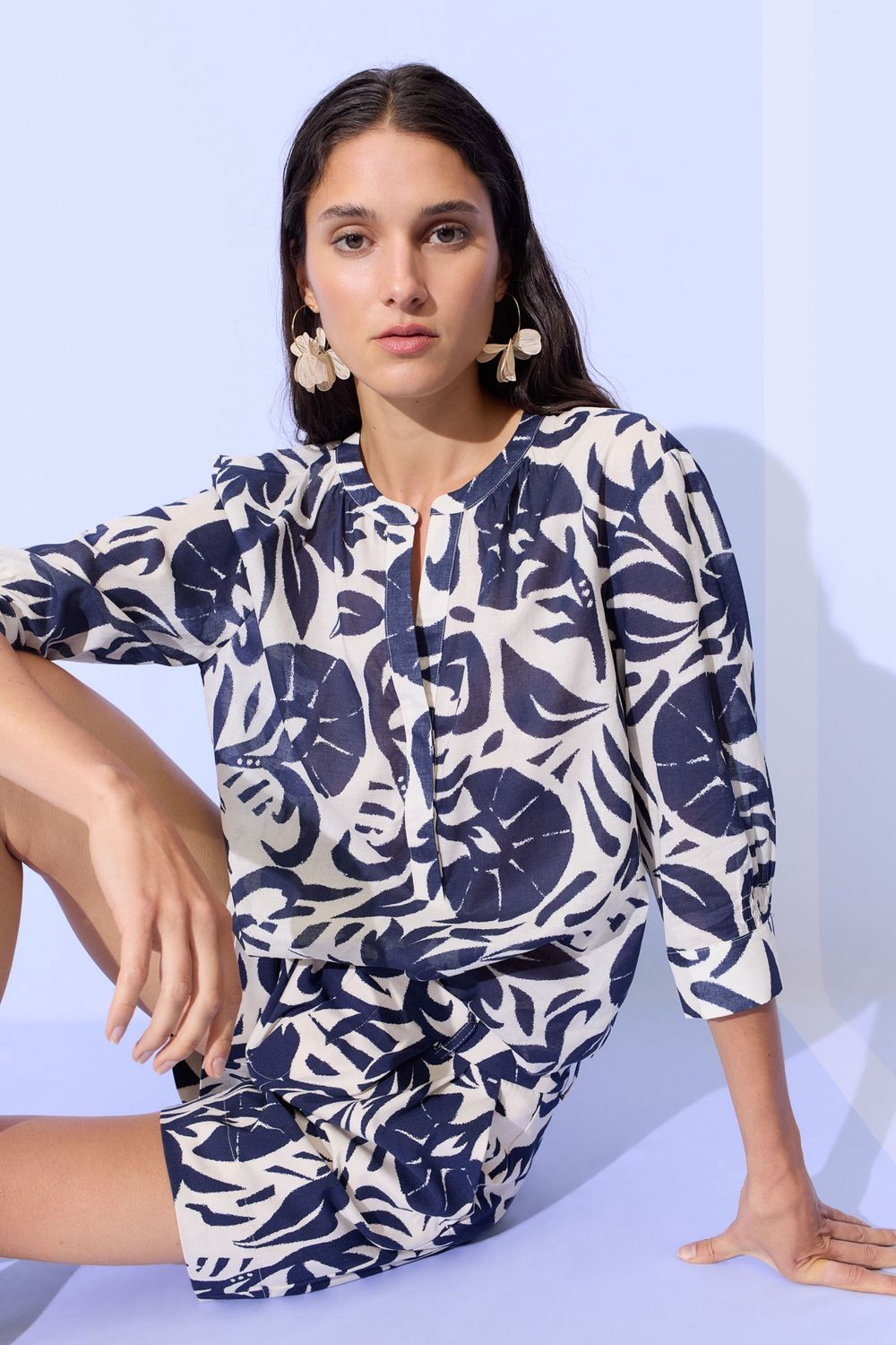 OUI Cotton Voile Printed Blouse Blue 97471