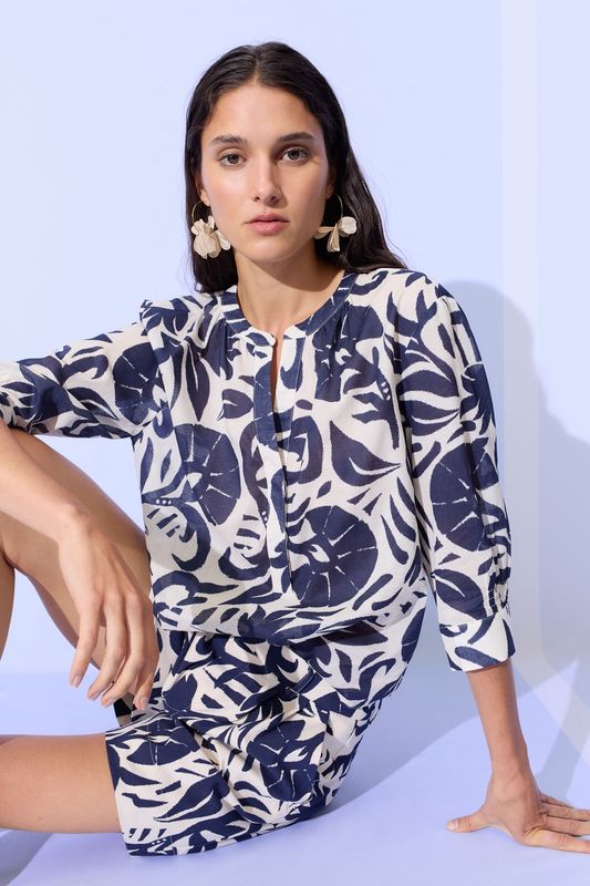 OUI Cotton Voile Printed Blouse Blue 97471