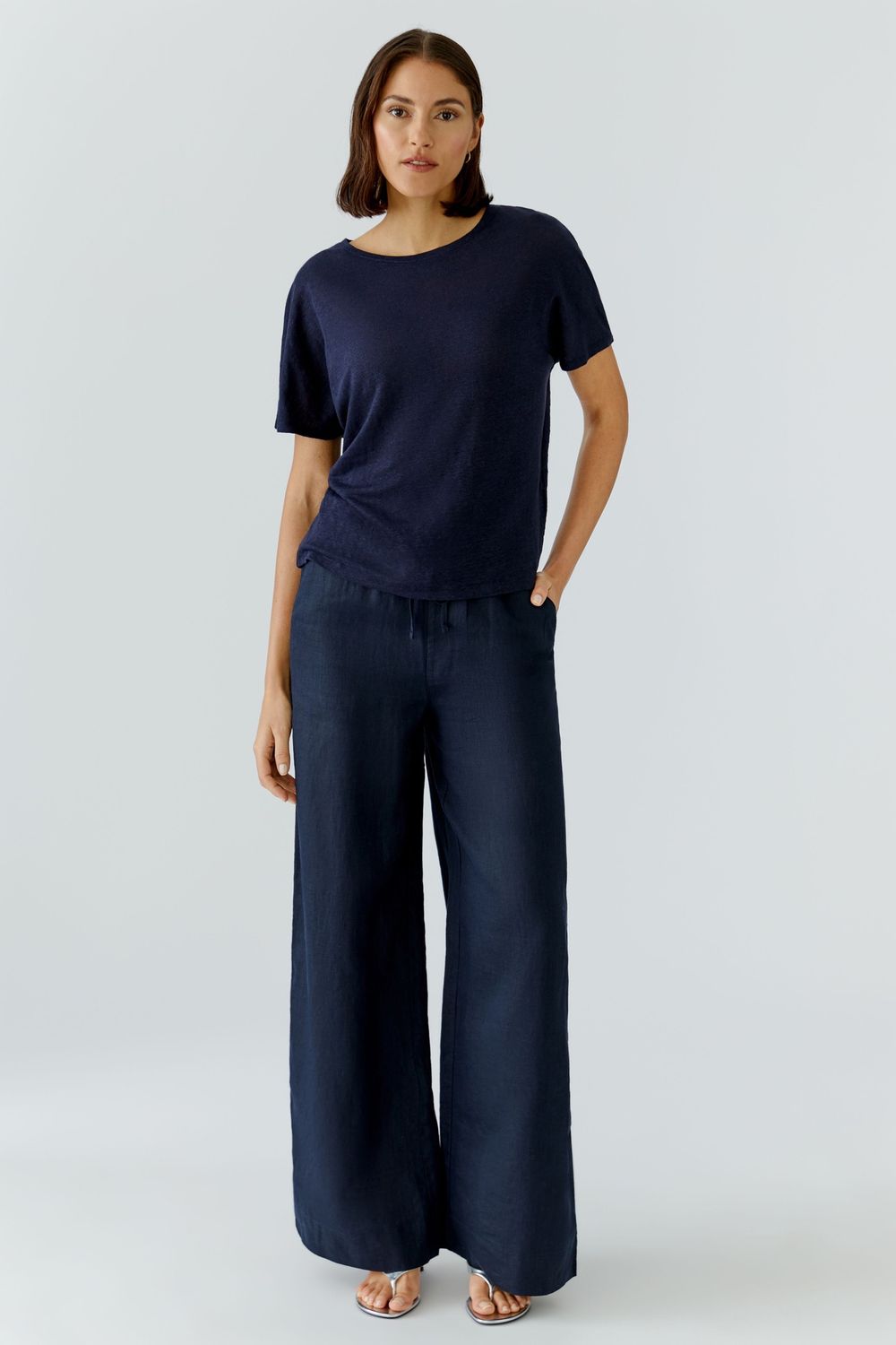 OUI Linen T-Shirt Navy 97370