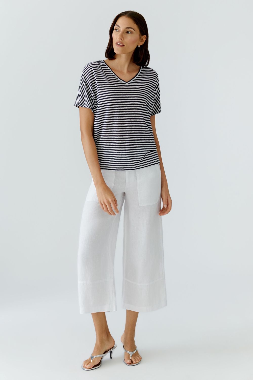 OUI Striped Linen V-Neck T-Shirt 97372