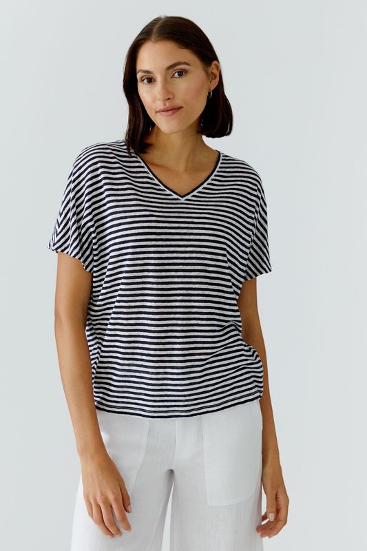 OUI Striped Linen V-Neck T-Shirt 97372