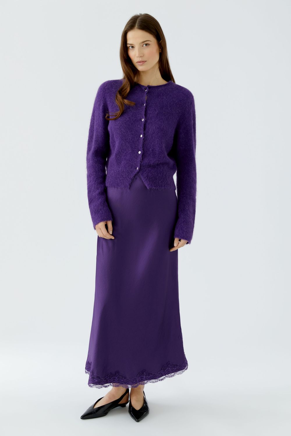 ​OUI Satin Maxi Skirt with Lace Trim – Purple 99030