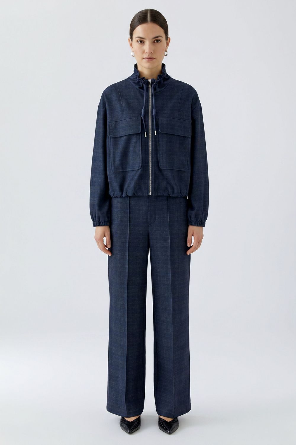 ​OUI Wide-Leg Check Trousers Darkblue Grey 99141