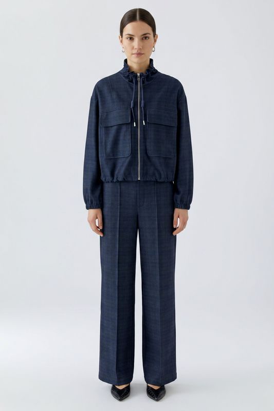 ​OUI Wide-Leg Check Trousers Darkblue Grey 99141