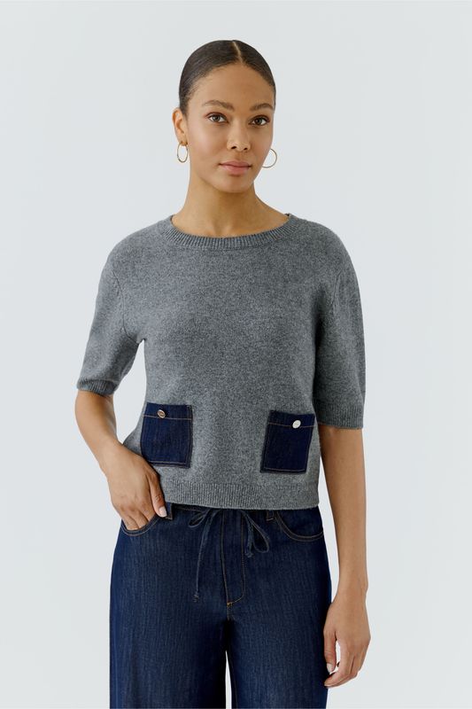 ​OUI Short-Sleeve Pullover with Denim Pocket Grey 98983