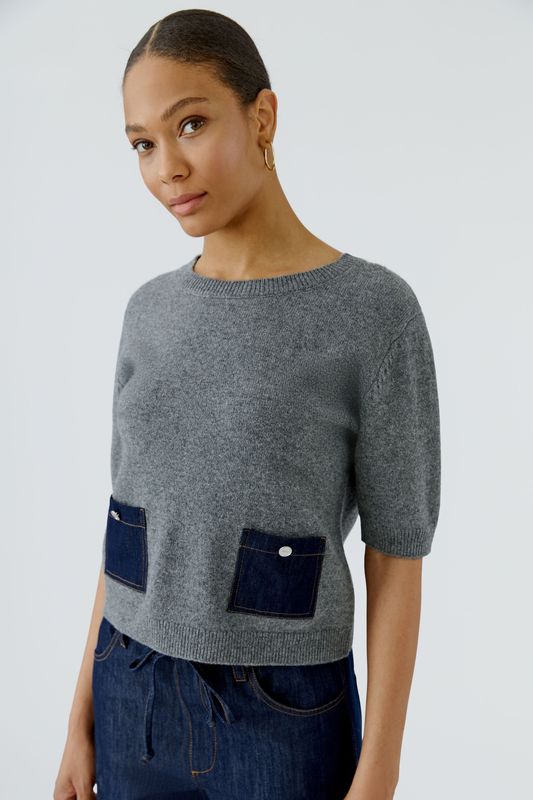 ​OUI Short-Sleeve Pullover with Denim Pocket Grey 98983