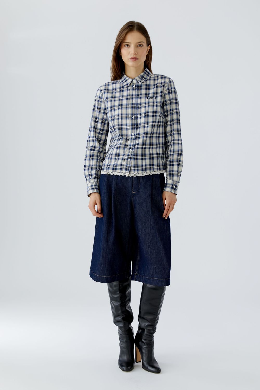 ​OUI Plaid Shirt with Lace Trim White Blue 100416