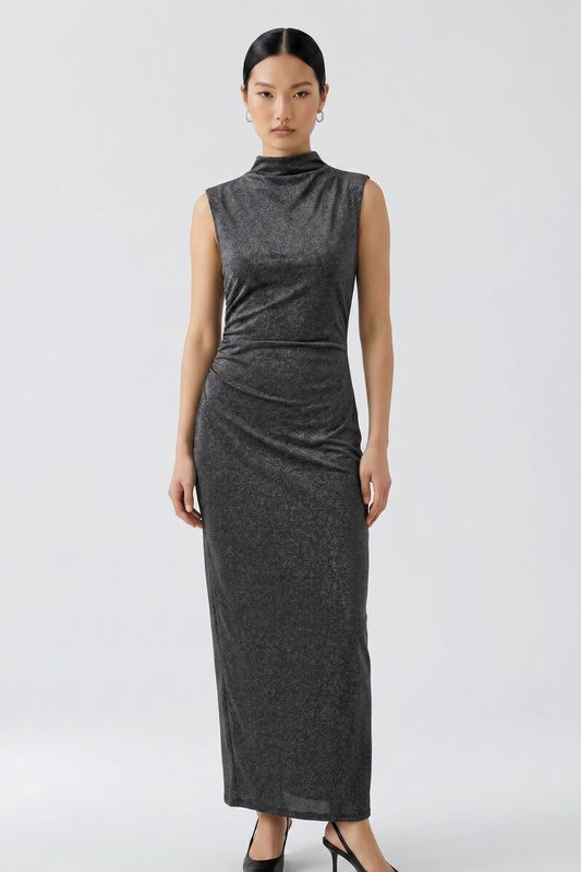 OUI Shimmering Maxi Dress Silver Black 100039