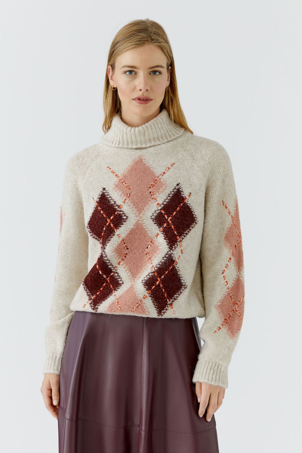 OUI Argyle Turtleneck Sweater Light Stone Red 99850