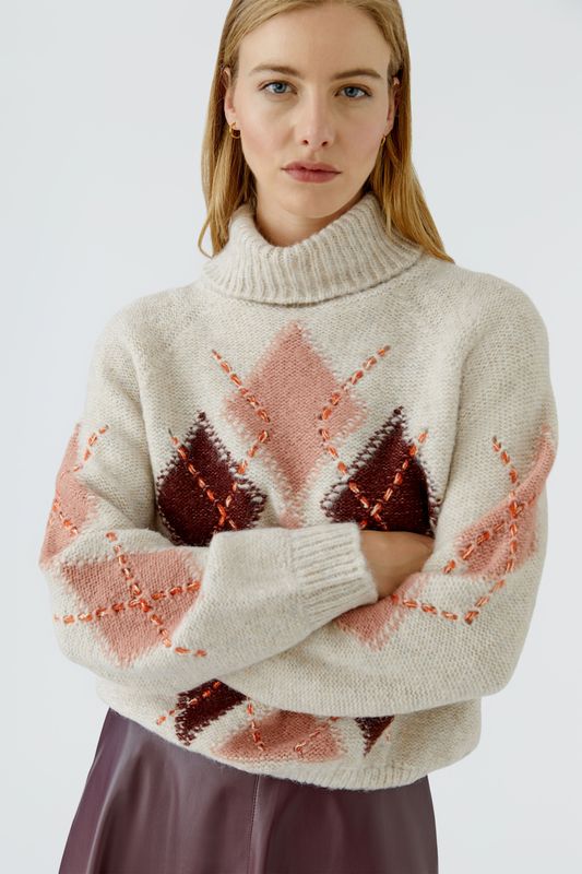 OUI Argyle Turtleneck Sweater Light Stone Red 99850