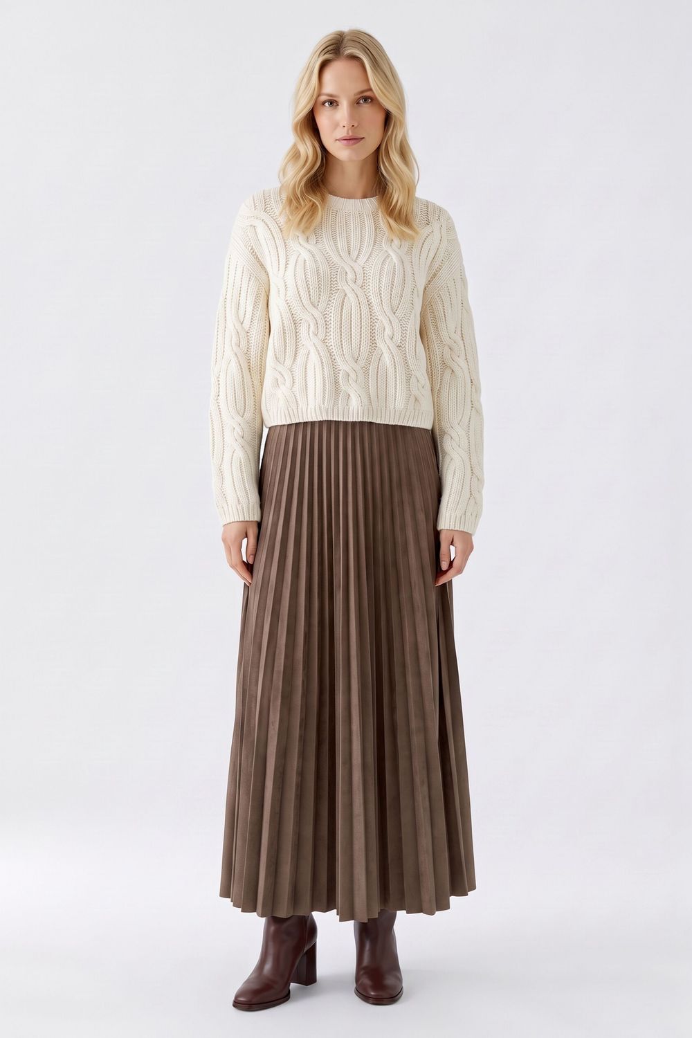 OUI Long Pleated Skirt Dark Brown 99943