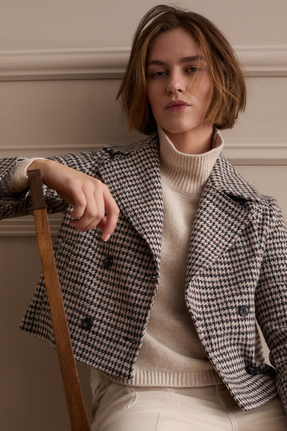 OUI Cropped Houndstooth Blazer Light Stone Grey 100827