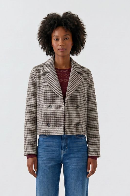 OUI Cropped Houndstooth Blazer Light Stone Grey 100827