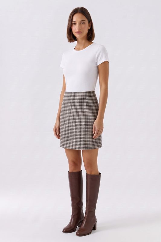 OUI Houndstooth Mini Skirt Light Stone Grey 100793