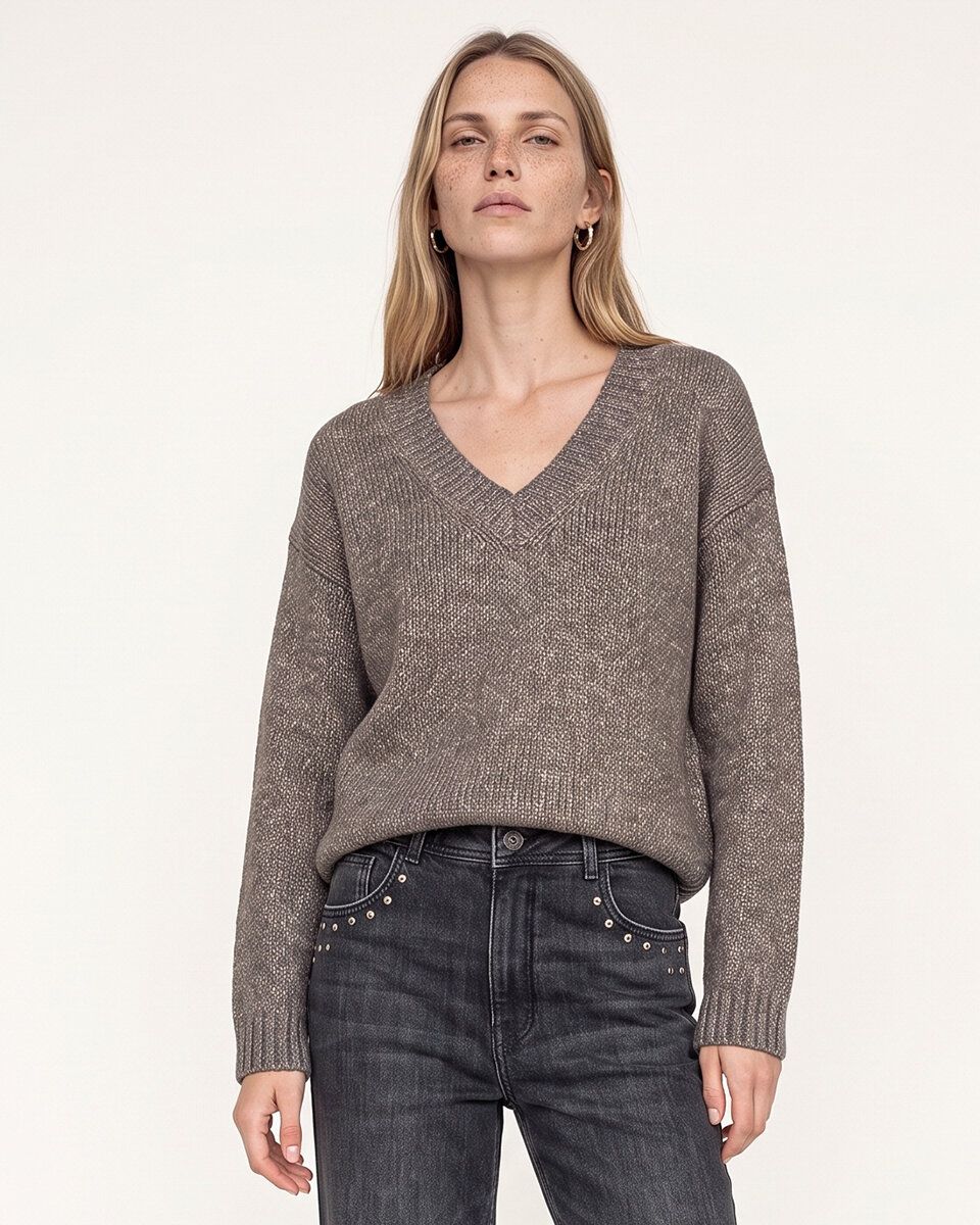 MOS MOSH MMWelma Glam V-Neck Knit 183700 Dark Grey Melange