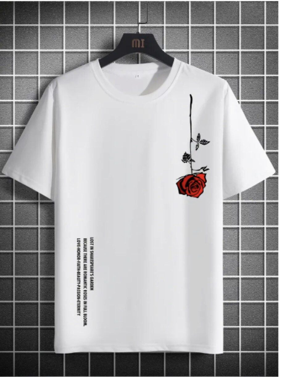 Men&#39;s Casual Crew Neck Rose Print Short Sleeves T-shirt For Summer