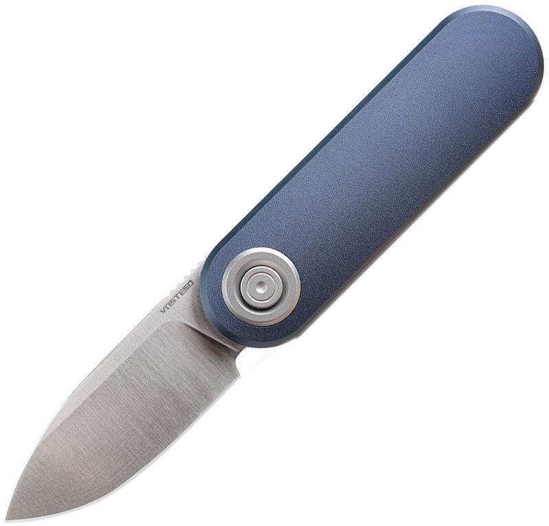Vosteed Corgi V, Dark Blue Aluminum Handle, 14C28N Satin Finish Blade