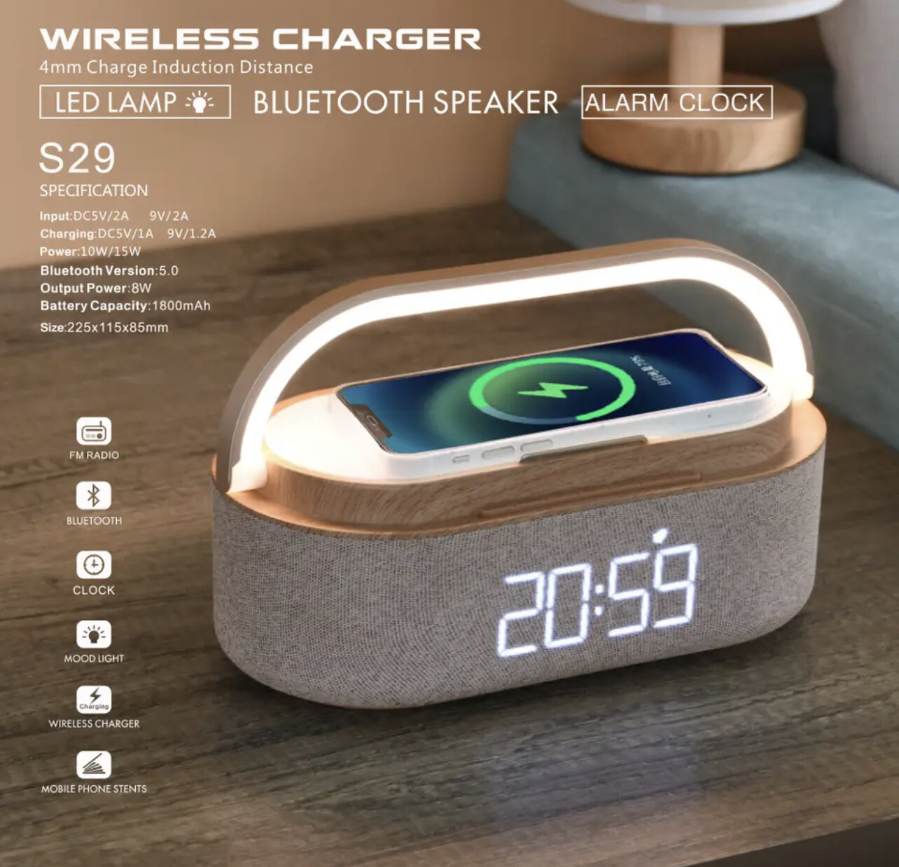 Digital Alarm Clock, Bluetooth Speaker and Wireless Charger