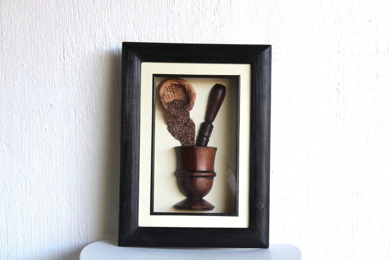 Framed Wood Carving - Mortar and Pestle