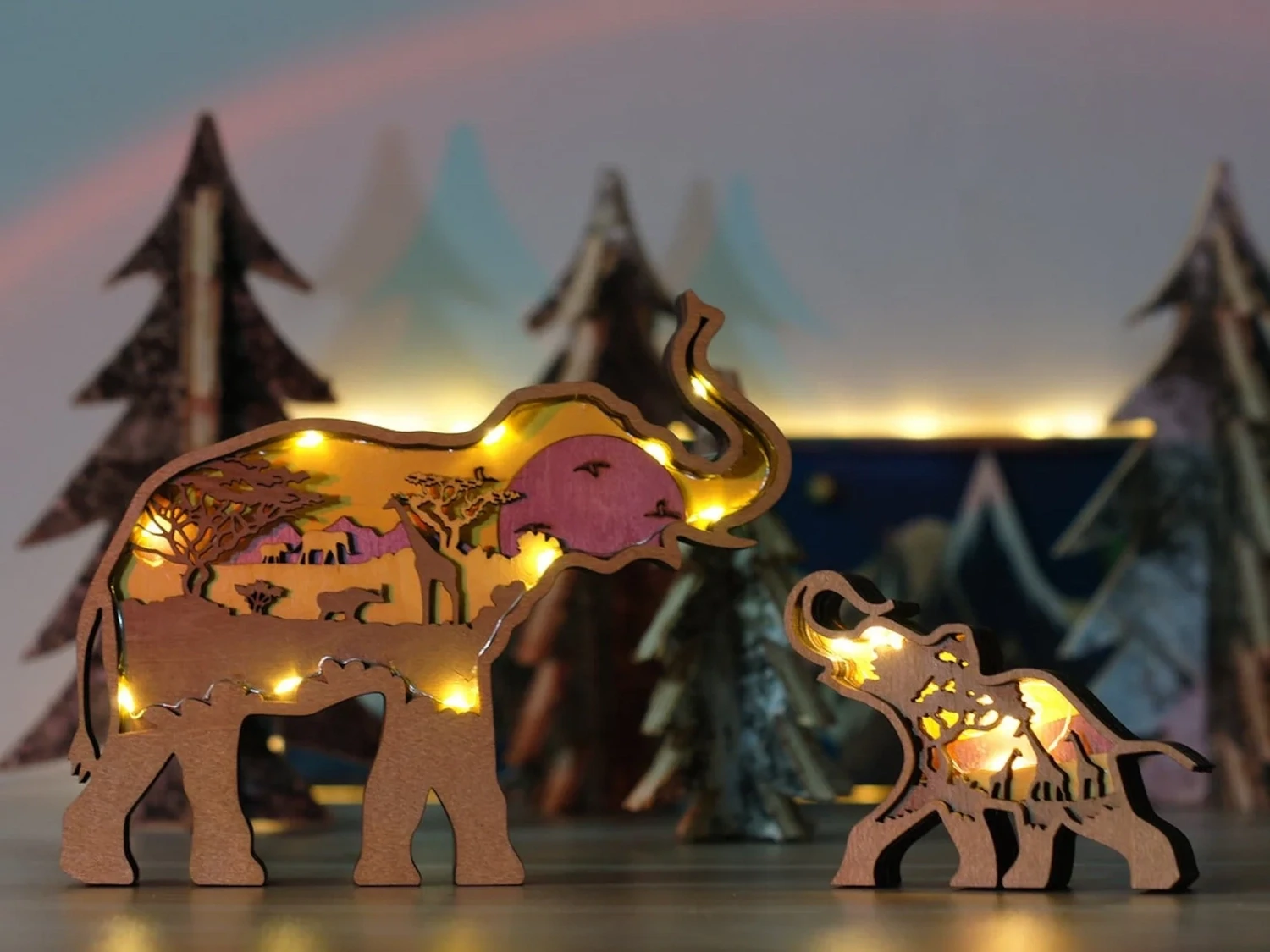 Wooden Animal Carvings, 3D Natural Animal Decoration with light,Wooden Bear Moose Forest Scene,Desktop ornaments,Wall Decoration,Door Decor