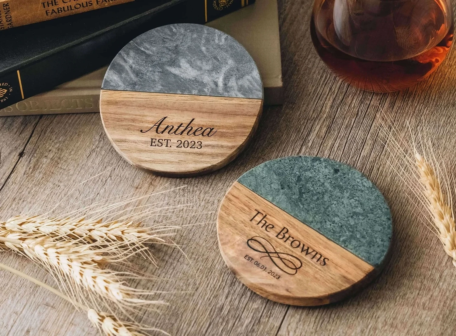 Custom Engraved Marble Wood Coasters | Personalized Gifts Coaster Set New Home Gift | Housewarming Gifts Wedding Gifts Bridal Shower Gifts