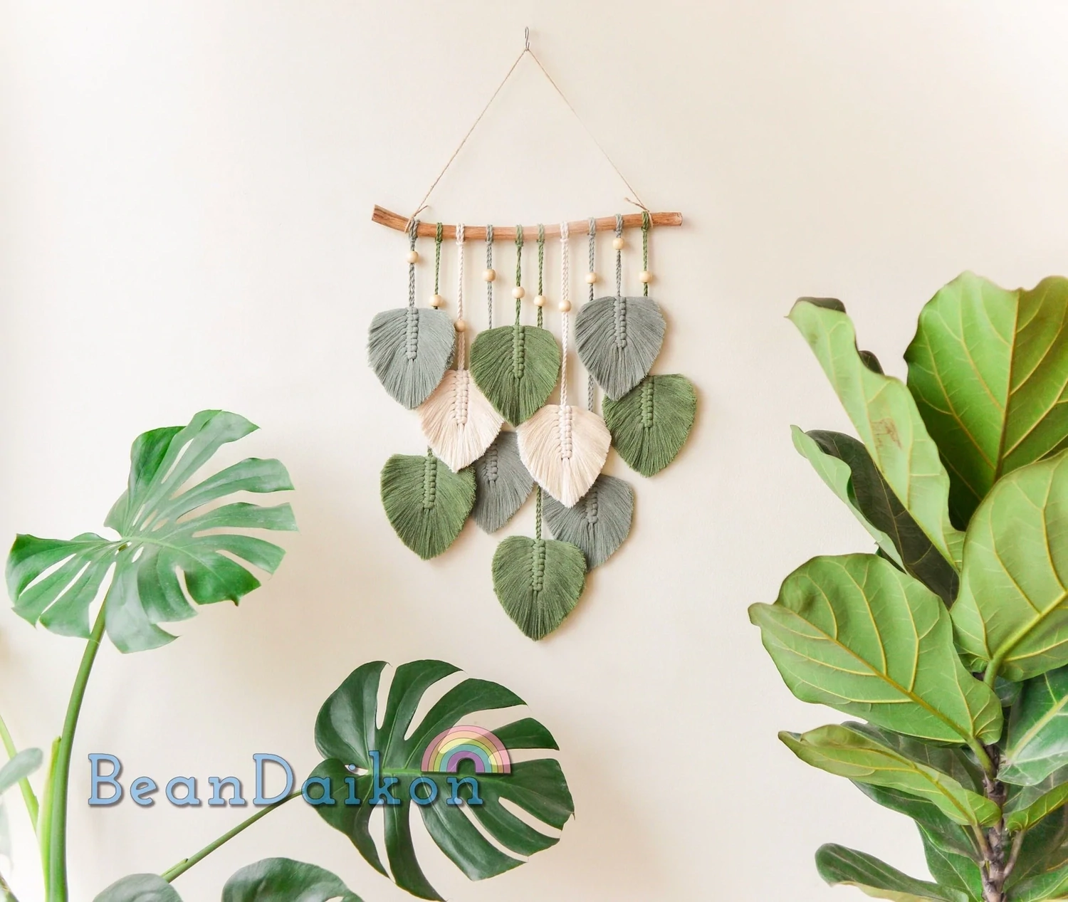 Green Leaves Macrame Wall Hanging, Macrame Feather, Farmhouse Wall Decor, Minimalist Wall Art, Boho Nursery Decor, Gift For The Home L02