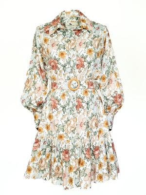 Belted Floral Premium-Cotton Shirtdress