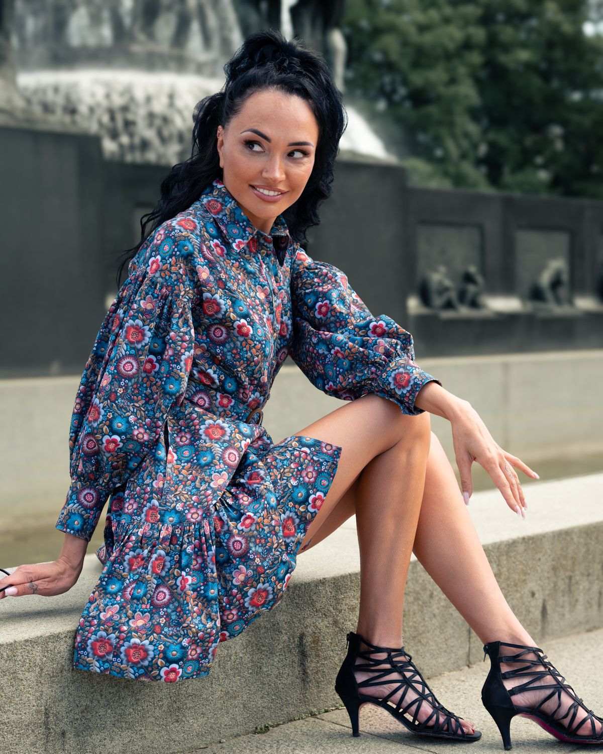 Blue floral Premium-Cotton Shirtdress