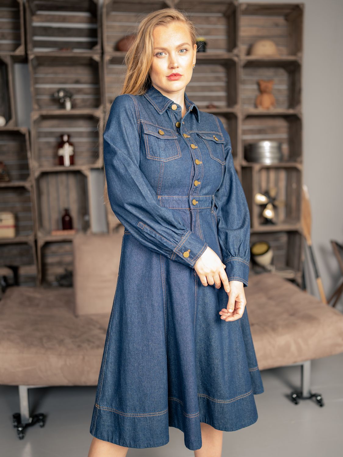 Elegant Denim Midi Shirtdress