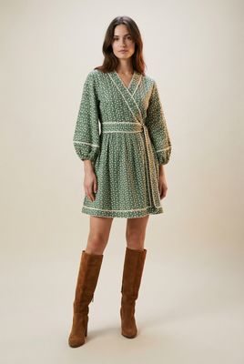 Embroidery Cotton Mini Wrap Dress