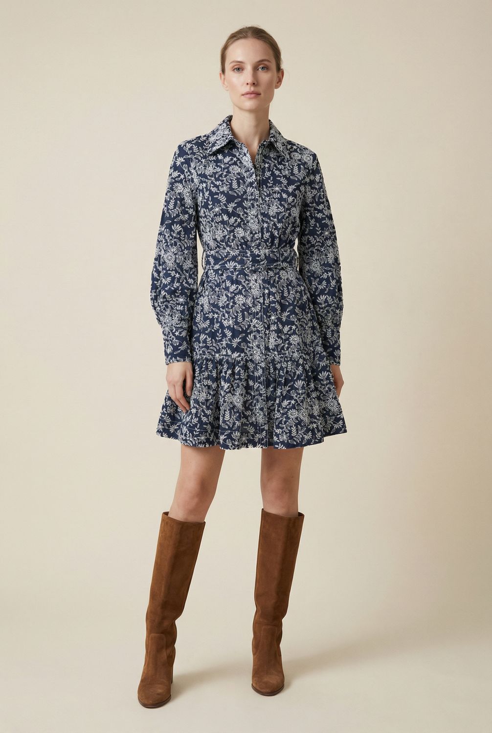 Embroidered Cotton Shirtdress Navy blue