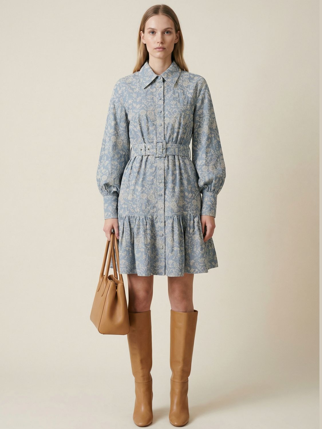 Embroidered Cotton Shirtdress Sky Blue