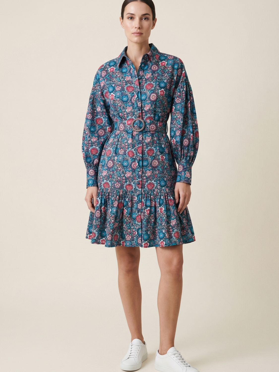 Premium-bomull Kjole med Belte - Blå Blomster