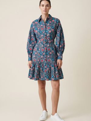 Premium-bomull Kjole med Belte - Blå Blomster