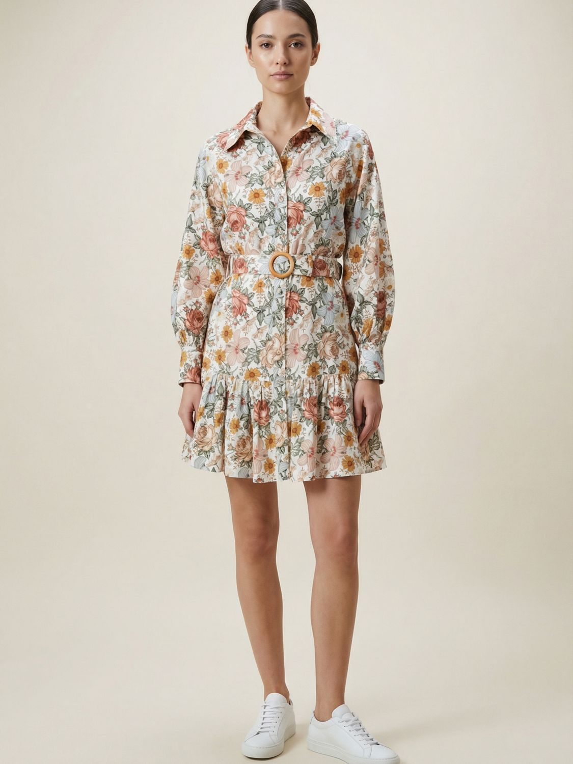 Premium-bomull Kjole med Belte - Blomster