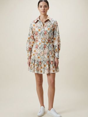 Premium-bomull Kjole med Belte - Blomster