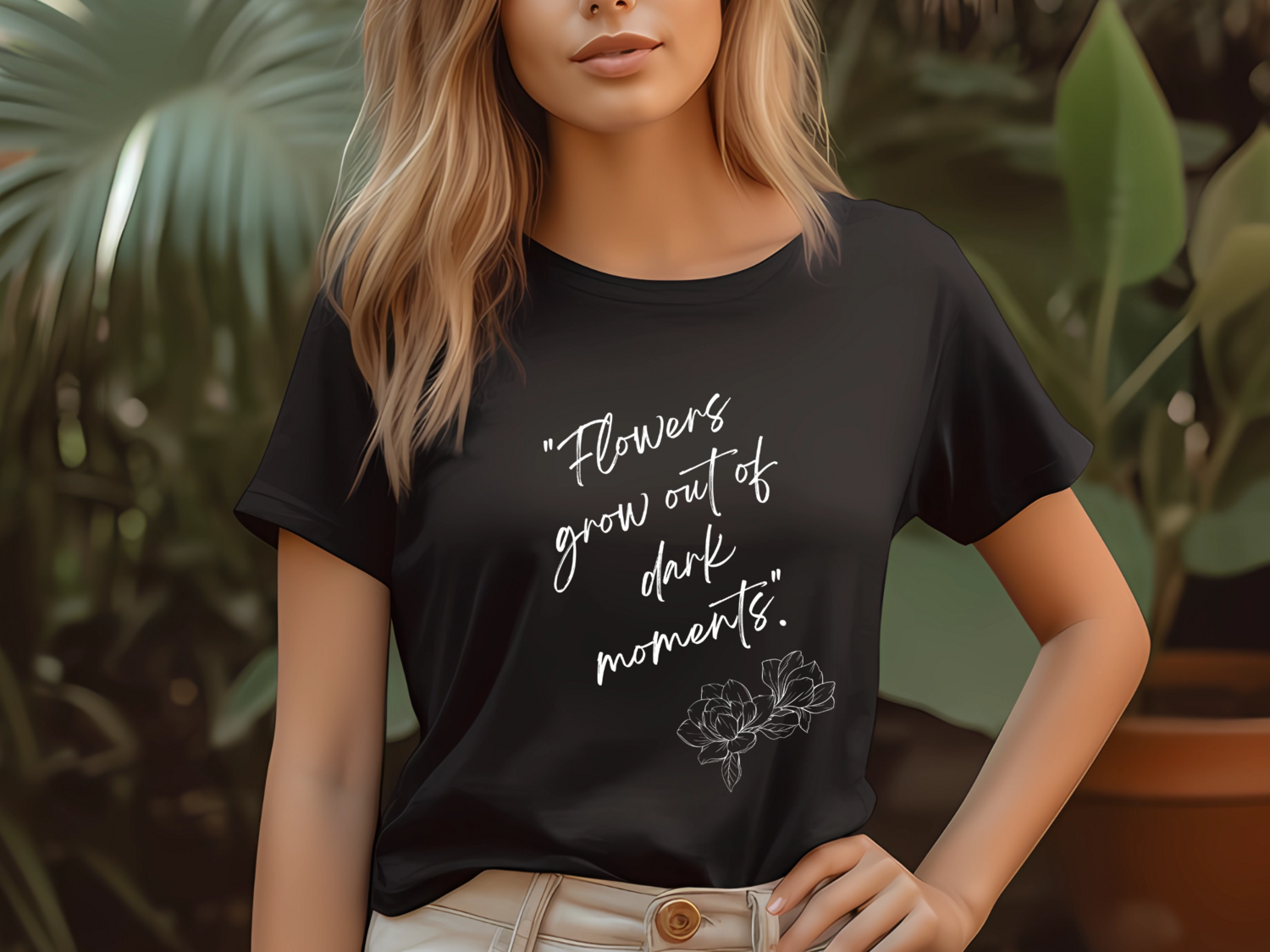 Flowers Grow out of Dark Moments Black T Shirt. Short sleeve crew neck.