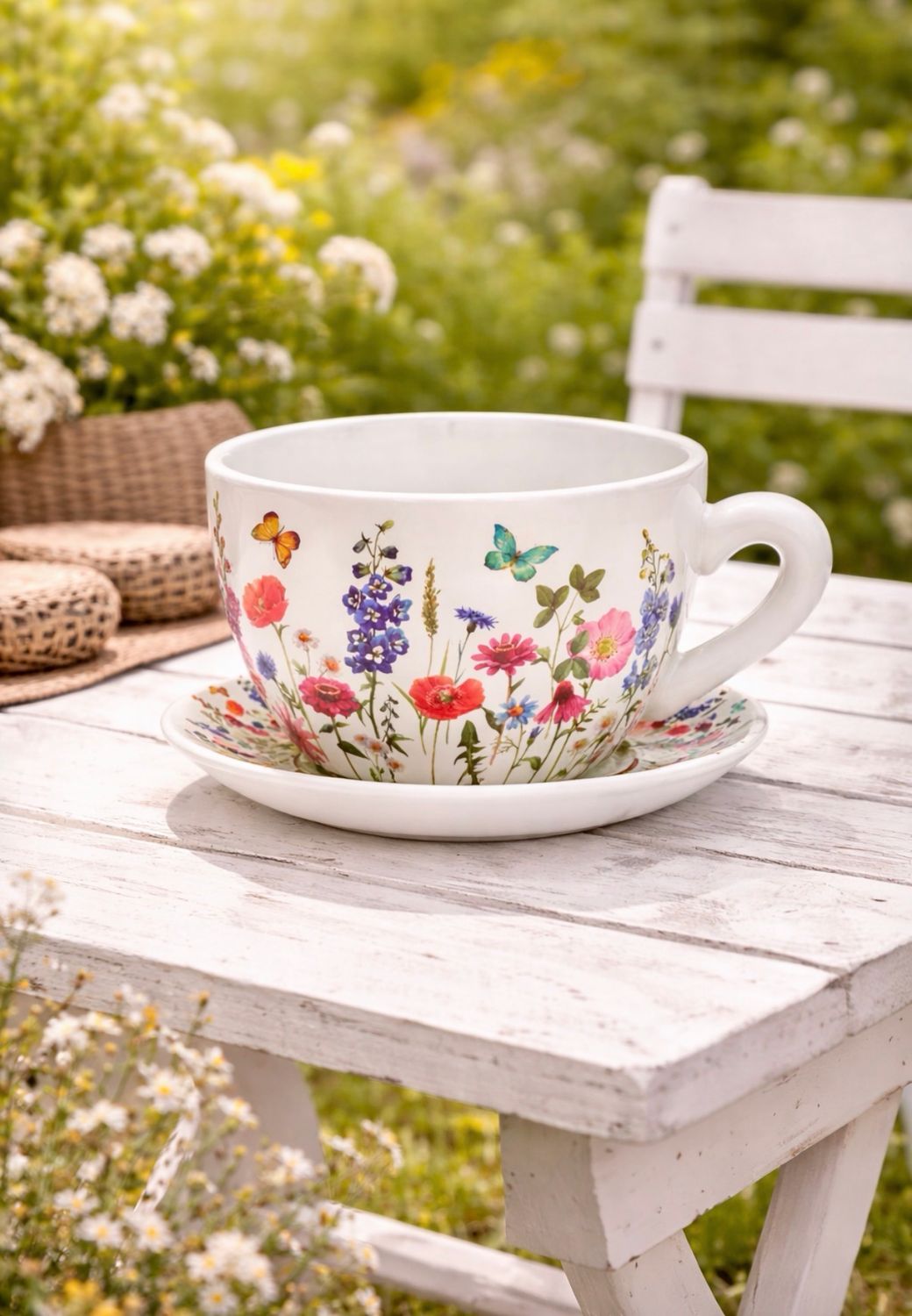 Pflanztasse aus Keramik mit Unterteller, Blumentopf in Tassenform, Deko-Pflanzgefäß,Blumentopf in versch. Größen und Designs