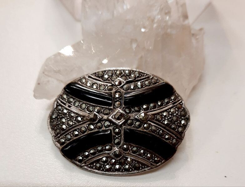 925-er-Silber-Brosche, Vintageschmuck, mit Markasiten, und eingelegtem Onyx, ca. 4 x 3 cm groß