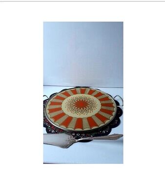 Alte Tortenplatte, Muster Orange-Beige, Glasplatte, Vintage, ca. 29 cm Durchmesser
