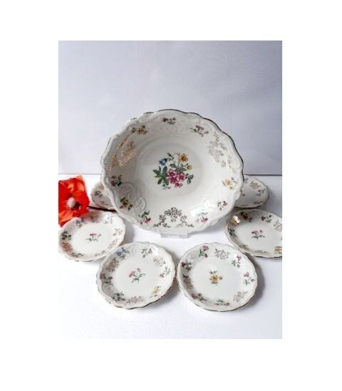 Altes Porzellan, Gebäckschale mit 6 Tellerchen als Set, ca. 1950