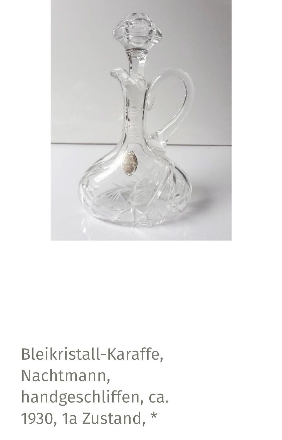 Altes Bleikristall, Karaffe, Nachtmann, handgeschliffen, ca. 1930, 1a Zustand