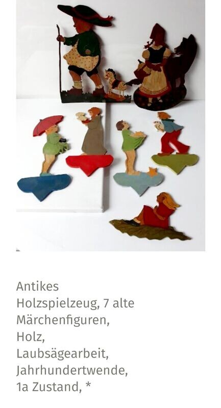 Altes Holzspielzeug, alte Märchenfiguren, 7 Stück als Set, Holz, Laubsägearbeit