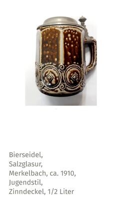 Alter Bierseidel, Echt Salzglasiertes Westerwälder Steinzeug, ca. 1910, Jugendstil, Merkelbach, mit Zinndeckel, 1/2 Liter