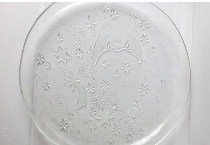 Alte Glasplatte, Motiv Mond mit Sternenhimmel, ca. 34 cm Durchmesser *