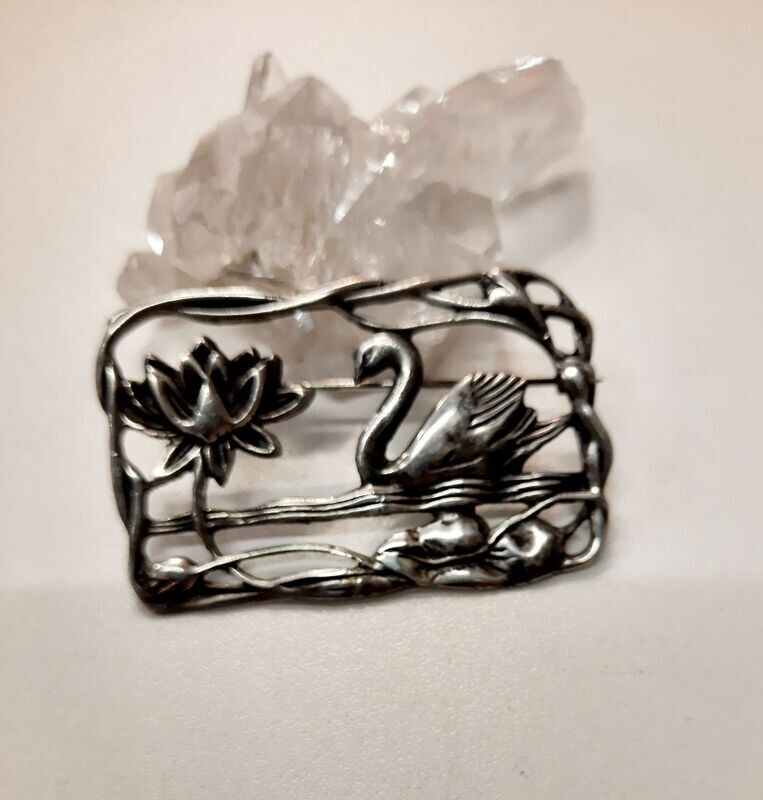 925er Silber Vintageschmuck, Brosche,  feine Handarbeit, Schwan und Seerose, ca. 5,2 x 3,2 cm