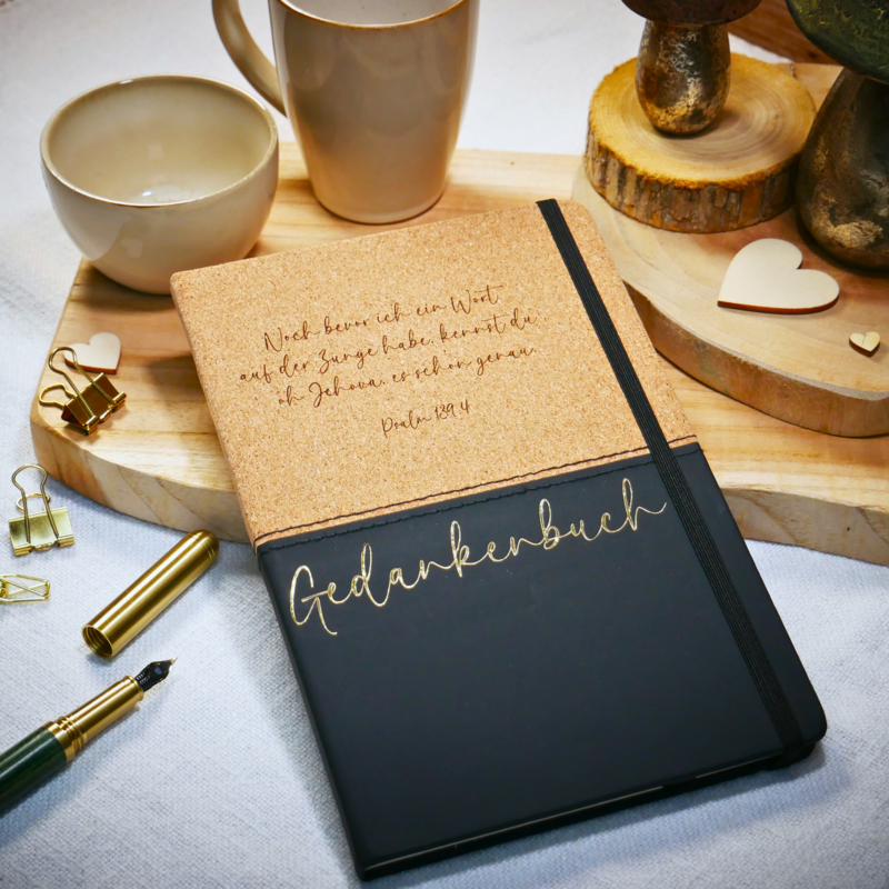 Gedankenbuch Tagebuch mit Bibelvers Lasergravur /  Goldfolie Kork schwarz